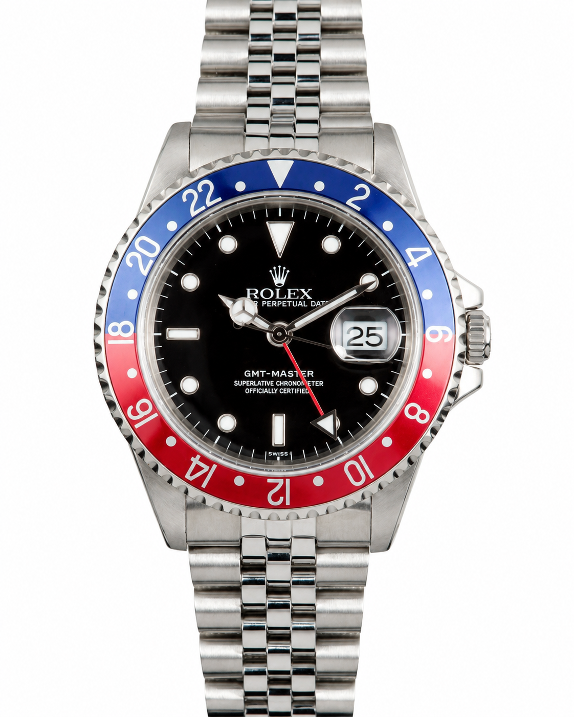Rolex GMT-Master watch with black dial and red-blue bezel on silver metal bracelet