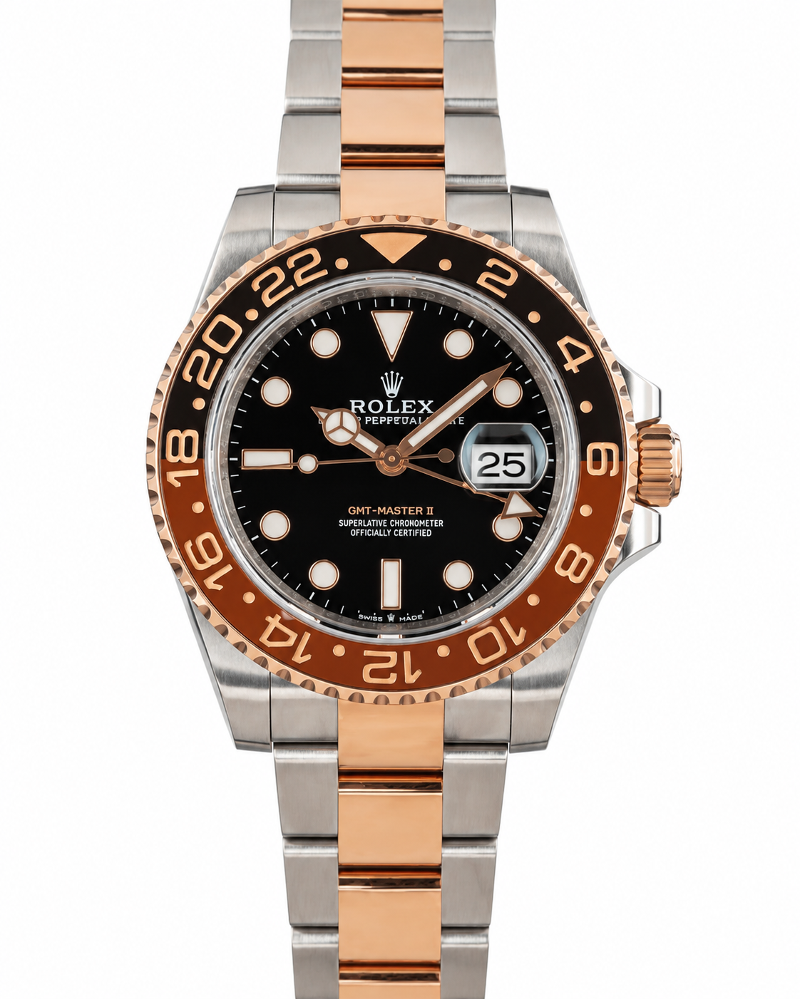 Gold Rolex-style watch with black face and gold bezel on a white background