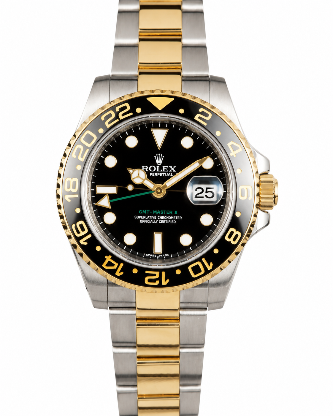 Two-tone Rolex GMT-Master II watch with black dial and black-and-gold bezel on white background