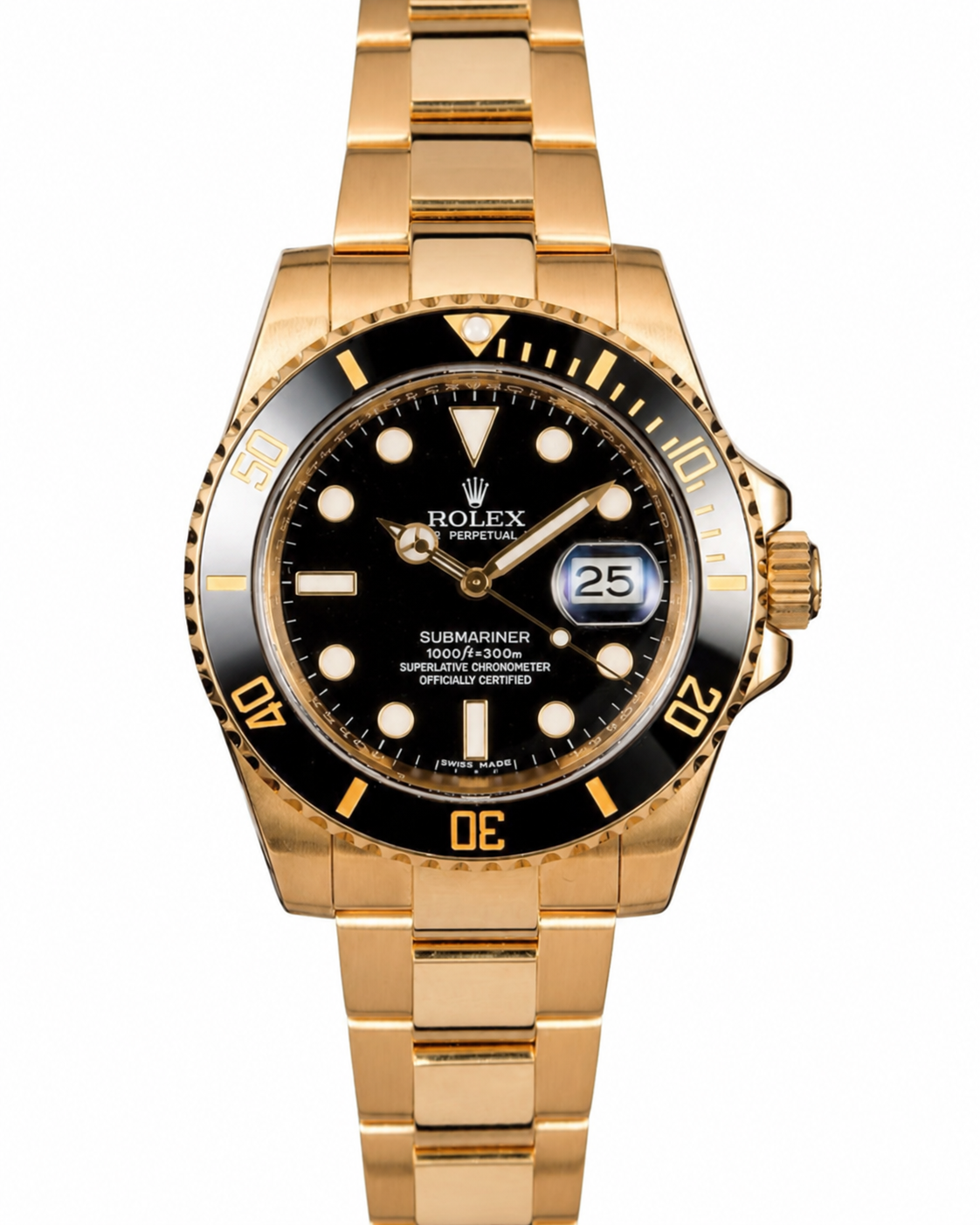 Gold Rolex Submariner watch with black dial and bezel, displaying date at 3 o’clock