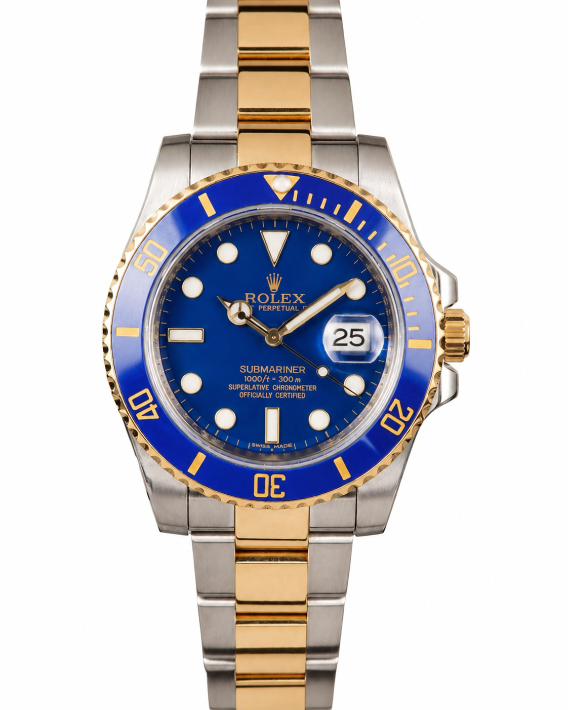 Blue and gold luxury wristwatch with silver band, date display, and luminous markers on a blue dial