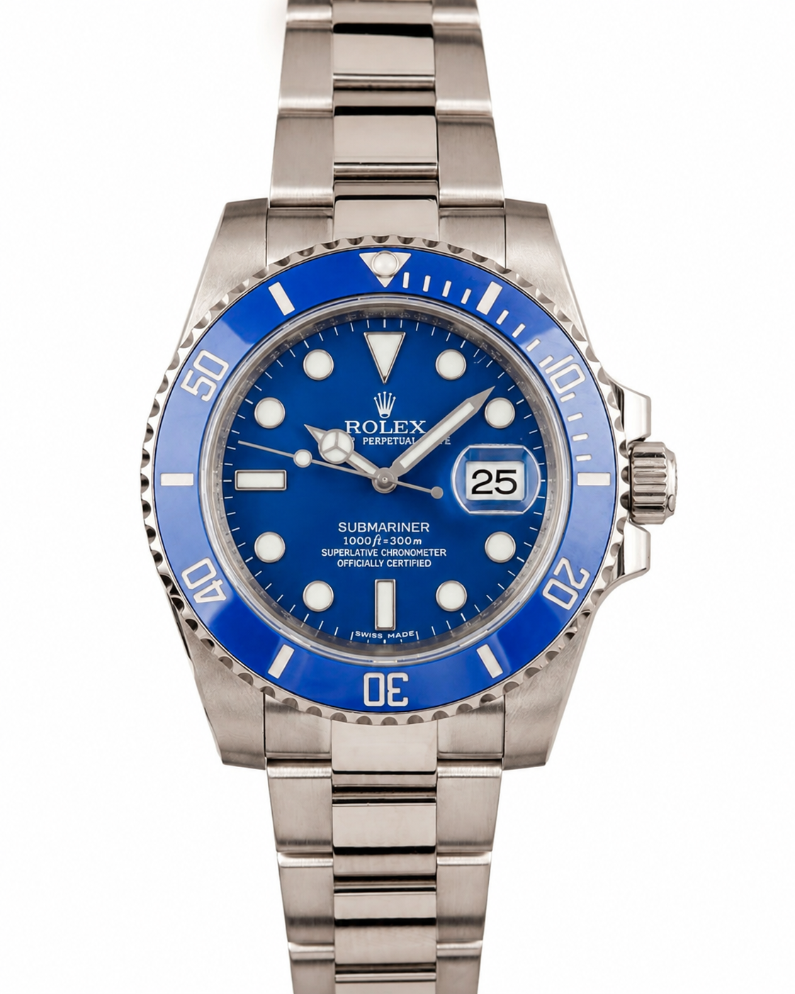 Blue-faced Rolex Submariner watch with silver metal band and date display