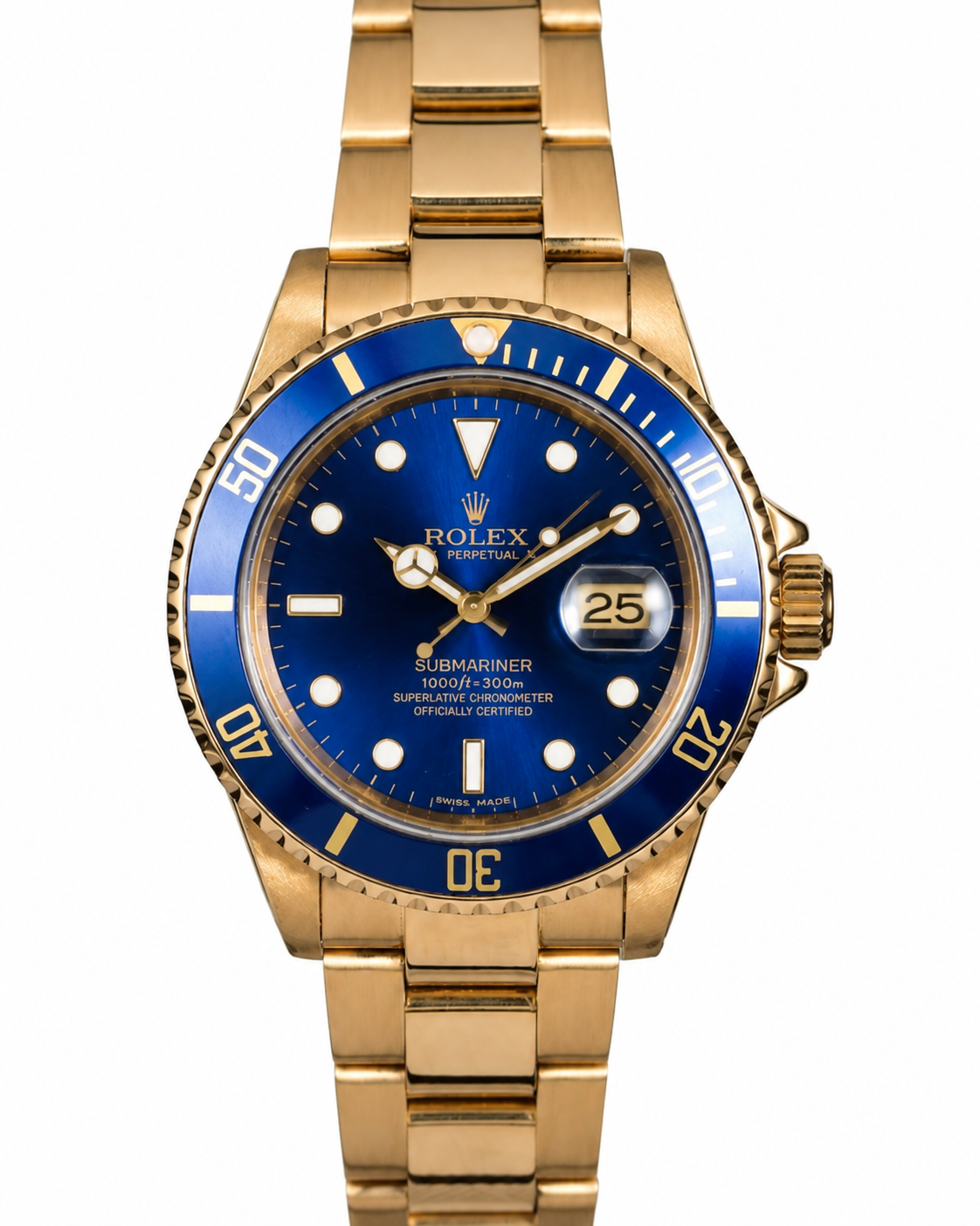 Gold Rolex watch with blue bezel and dial, showing the date at 3 o’clock.