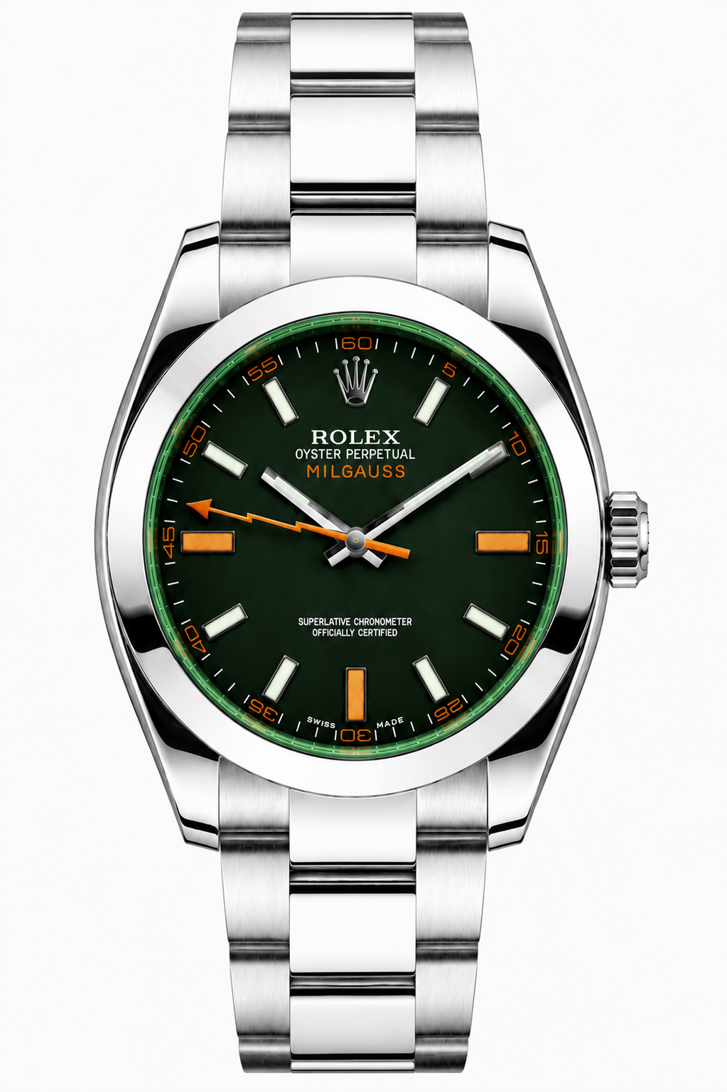 Silver Rolex watch with a teal dial and metal bracelet on a white background