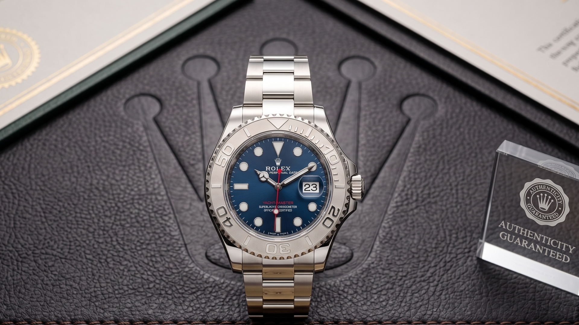 Silver luxury wristwatch with blue dial on black presentation case, next to a warranty card