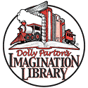 Logo for Dolly Parton's Imagination Library: a train atop an open book with stacked book-shaped buildings.