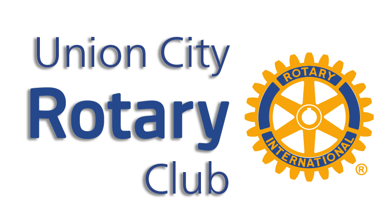 Union City Rotary Club logo with text and the Rotary International emblem. Blue and gold.