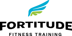Fortitude Fitness Training logo with blue and green wing graphic above bold black text