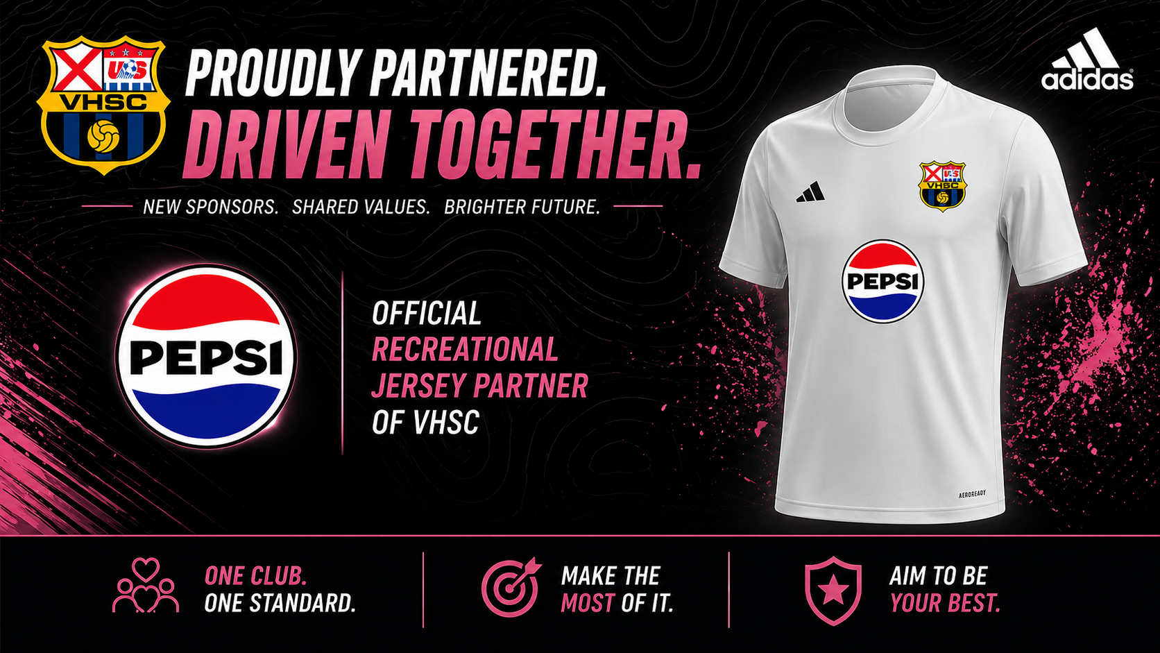 Promotional poster for a football jersey partnership, with Pepsi logo and white Adidas shirt on black background