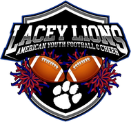 Lacey Lions logo: shield with footballs, pom-poms, paw print, text 