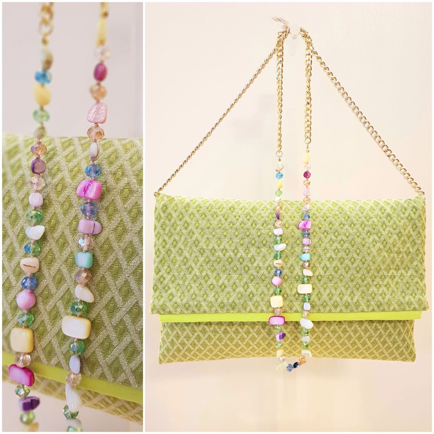 Pochette trapuntata verde con catena dorata e tracolla di perline color pastello, mostrata frontalmente e in primo piano.