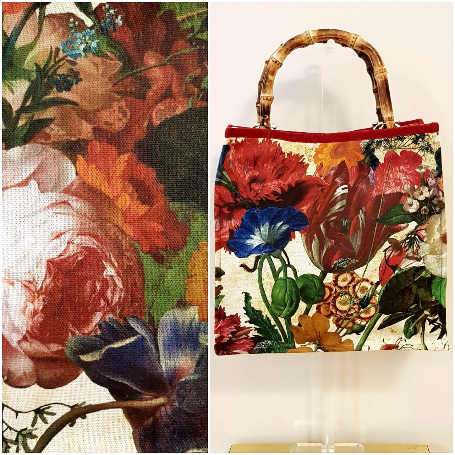 Borsa a mano con stampa floreale e manici in bambù, mostrata insieme a un primo piano del tessuto floreale coordinato.