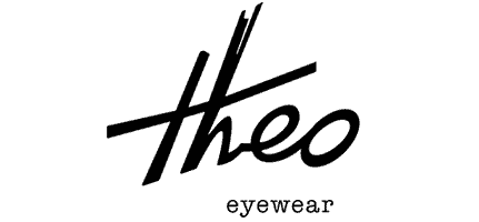 Logo stilizzato nero "theo" con la parola "eyewear" sotto, su sfondo bianco.