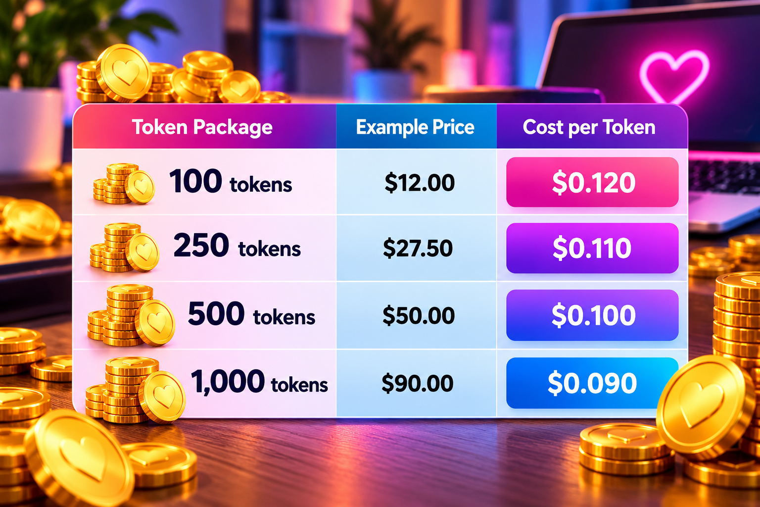 Neon Token Package Comparison Chart | Cams.com