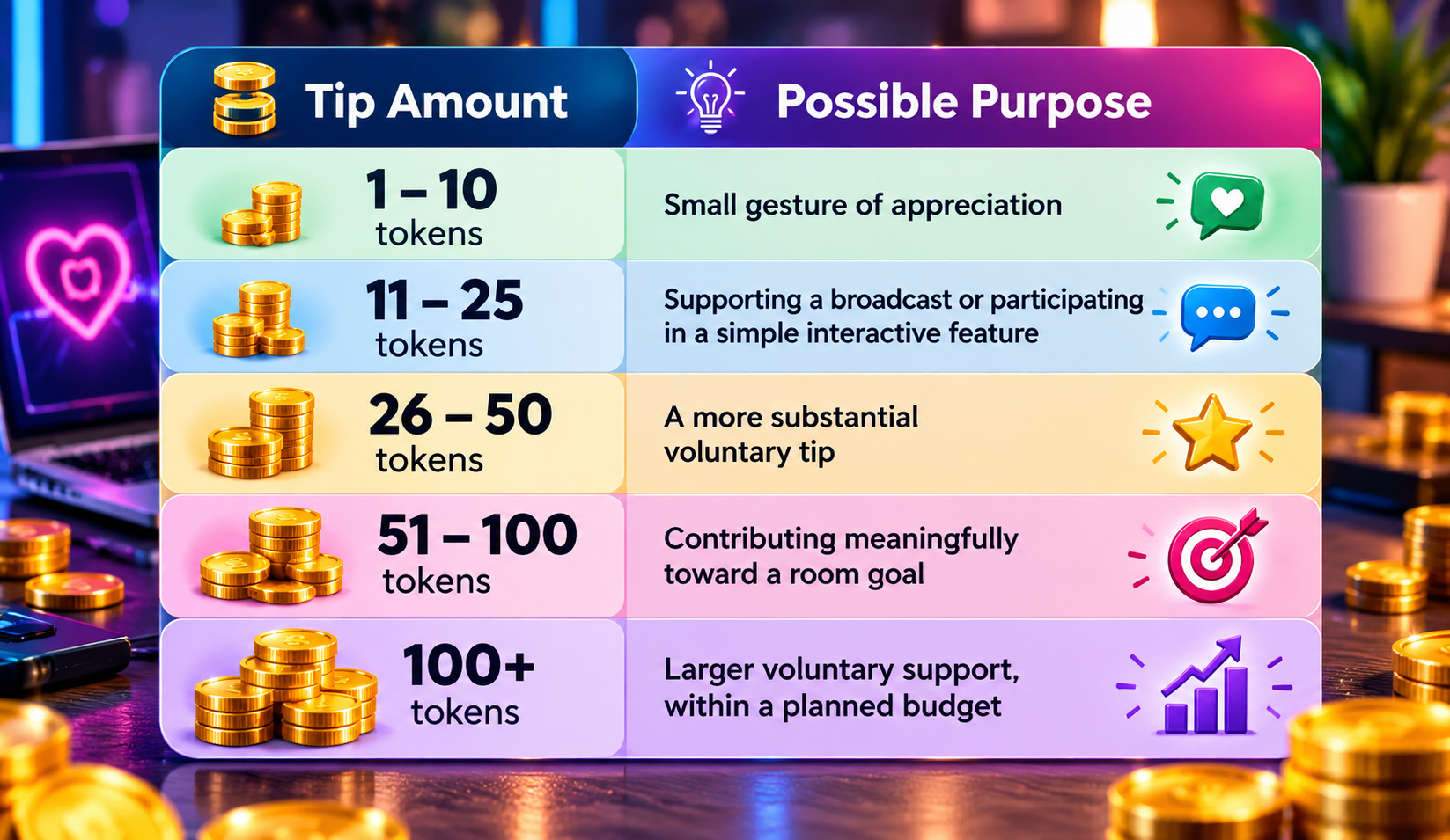 Tipping Cam Models Illustration - Tokens and Amounts Chart | Cams.com