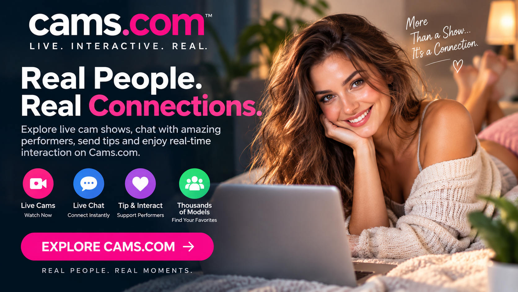 A women in bed smiling on a live cam show