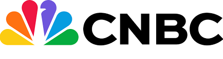 The cnbc logo has a rainbow of colors on it.