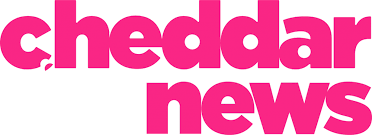 A pink logo for cheddar news on a white background
