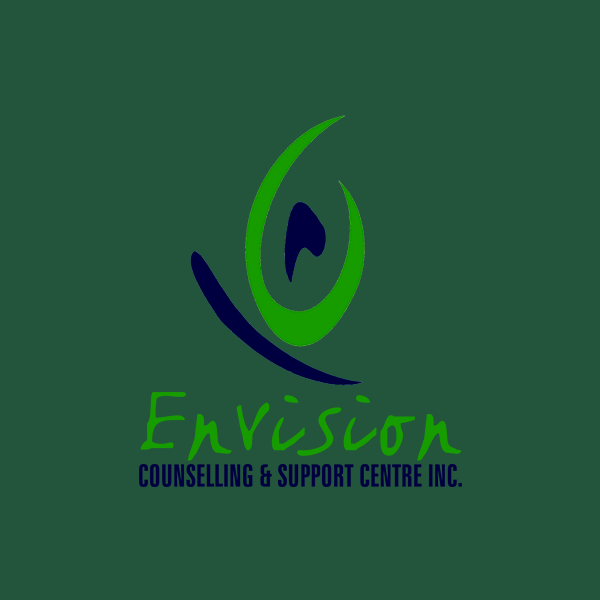 Logo for Envision Counselling & Support Centre Inc. Green and blue abstract design with text on a green background.