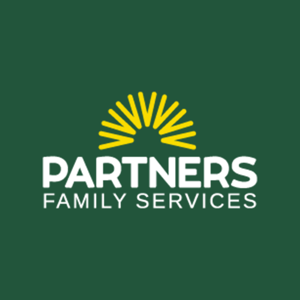 Logo for Partners Family Services: white text on dark green background, stylized yellow sun.