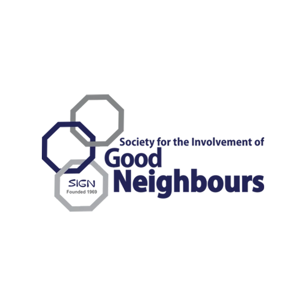 Logo of the Society for the Involvement of Good Neighbours (SIGN): three overlapping octagons and text.