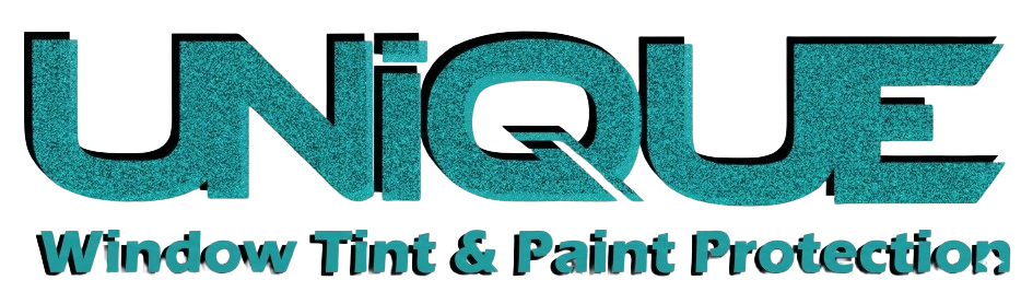 Unique window tint and paint protection logo in teal, with text below.