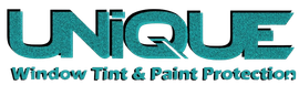 Unique window tint and paint protection logo in teal, with text below.