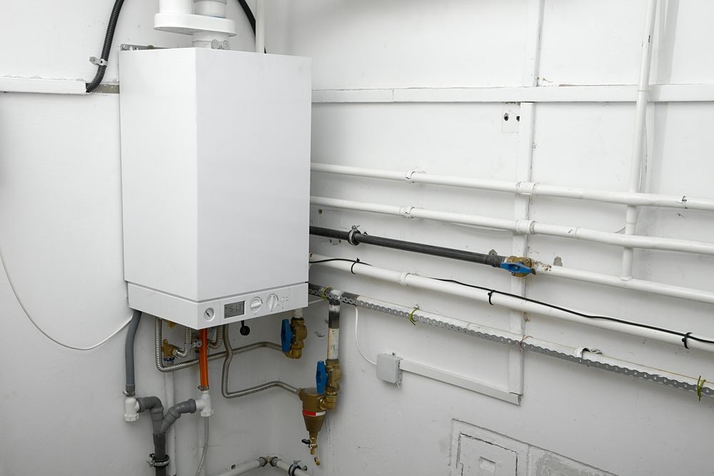 White Wall-Mounted Boiler with Pipes and Valves in A Utility Room — Forster Hotwater in Forster, NSW