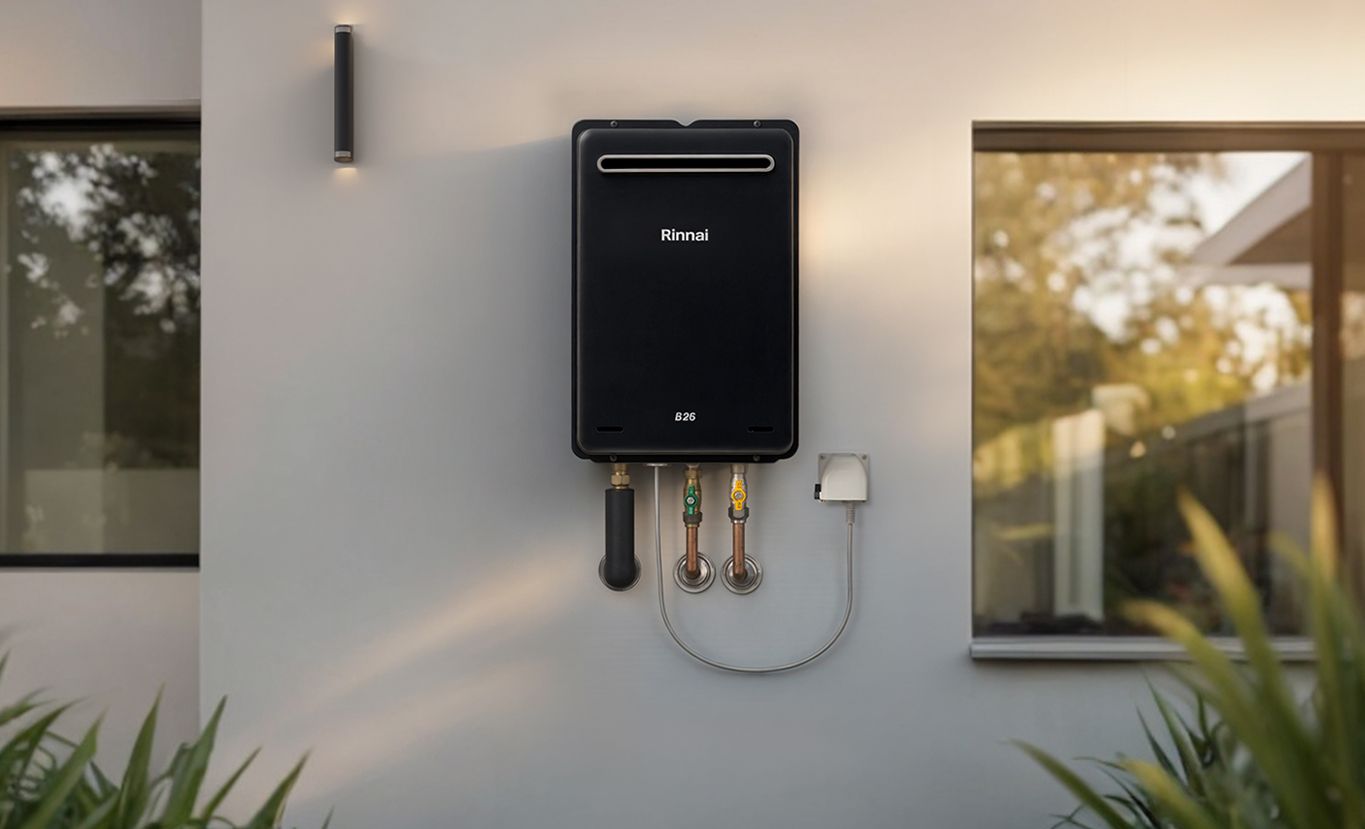 Wall-mounted Black Tankless Water Heater With Pipes and Window on a Light Exterior Wall — Forster Hotwater in Forster, NSW