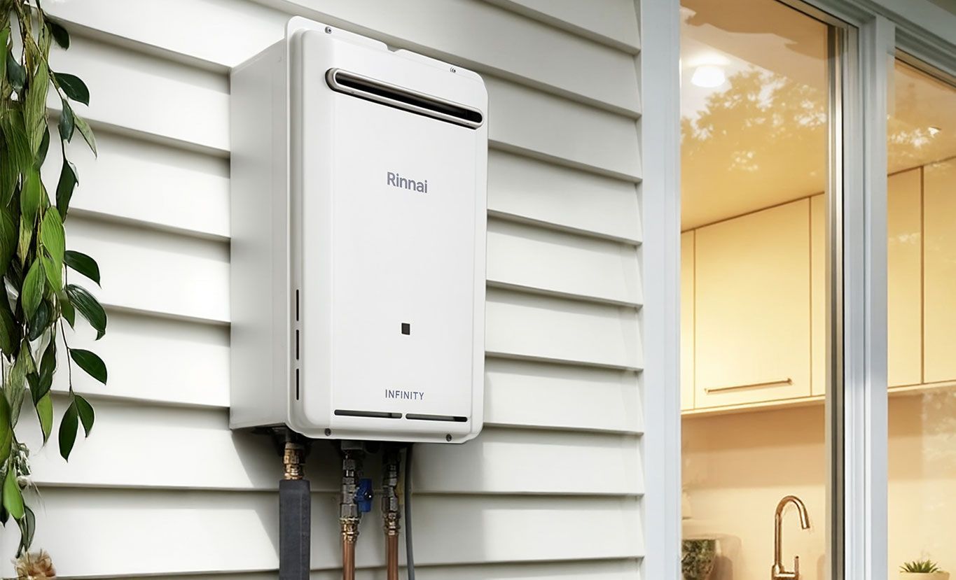 White Tankless Water Heater Mounted on an Exterior House Wall — Forster Hotwater in Tuncurry, NSW