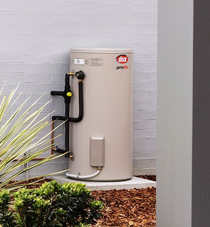 Outdoor Utility Tank Beside a Gray Wall, With Black Piping and Landscaping — Forster Hotwater in Hallidays Point, NSW