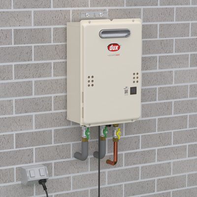 Wall-mounted Beige Utility Box With Pipes and Vents — Forster Hotwater in Nabiac, NSW