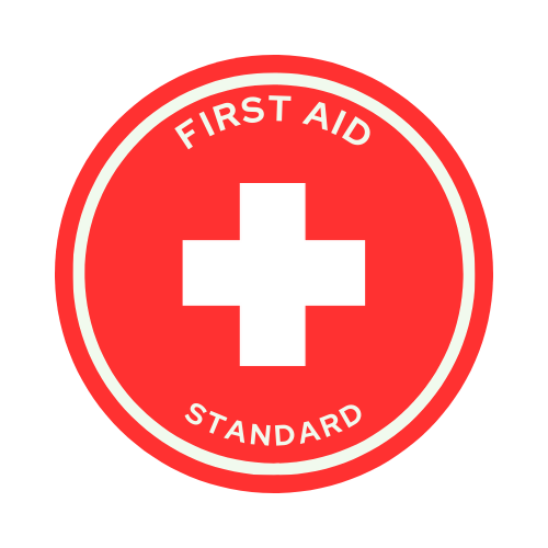 A first aid emergency sign with a white cross in a red circle