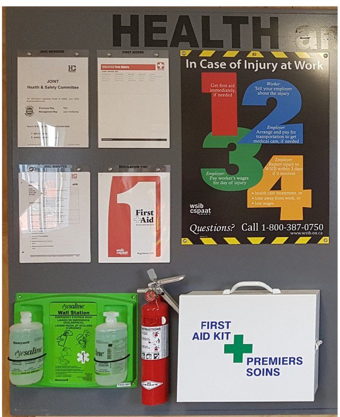 A first aid kit is displayed on a bulletin board
