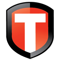 A red and black shield with a white letter t on it