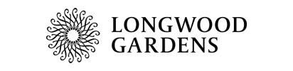 A black and white logo for longwood gardens with a sun in the middle.