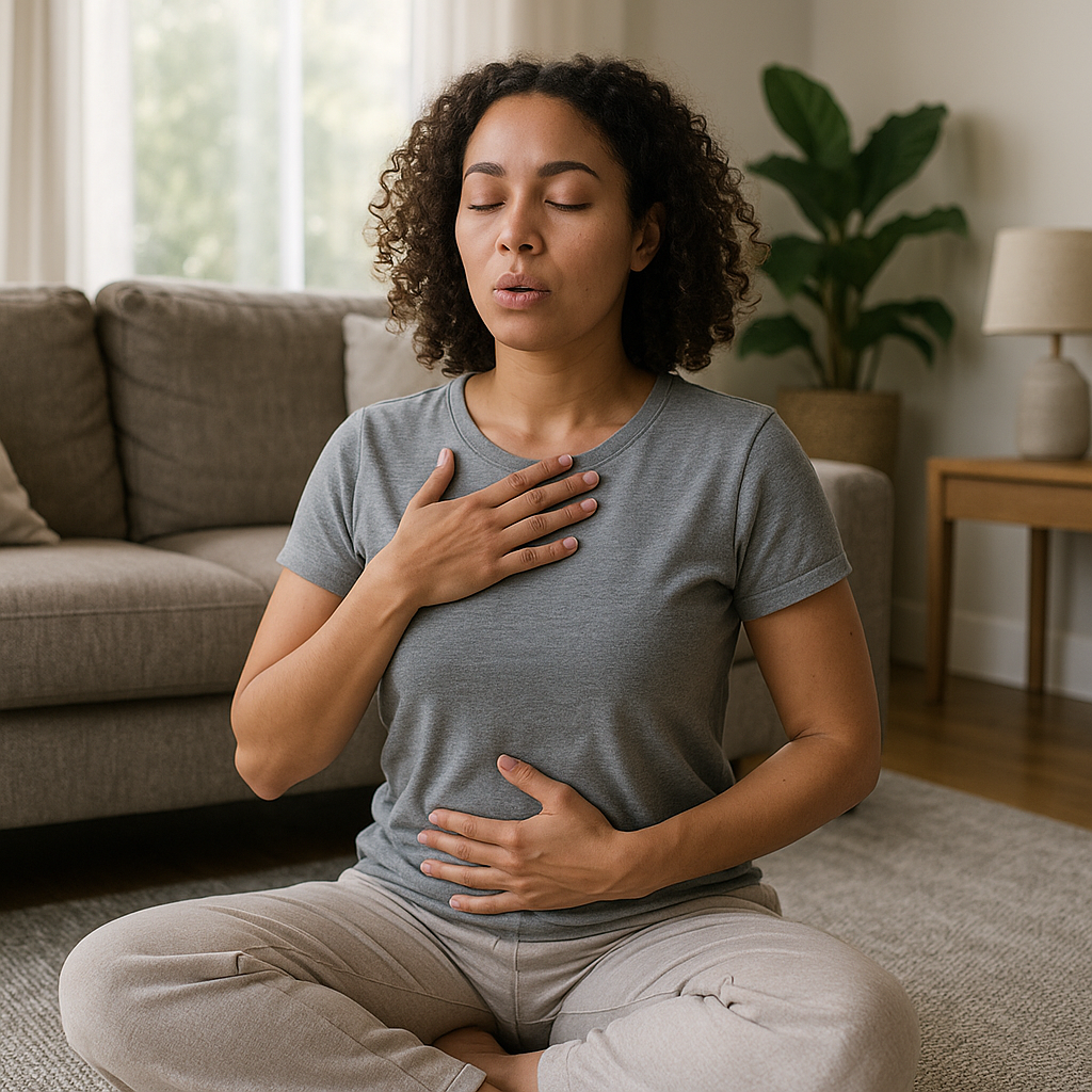 A woman is sitting on the floor in a lotus position with her eyes closed and her hands on her chest.