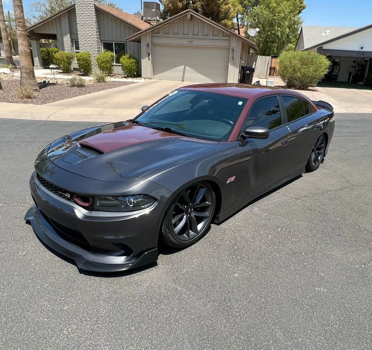 Gray sports car with red hood parked on a suburban street in daylight
