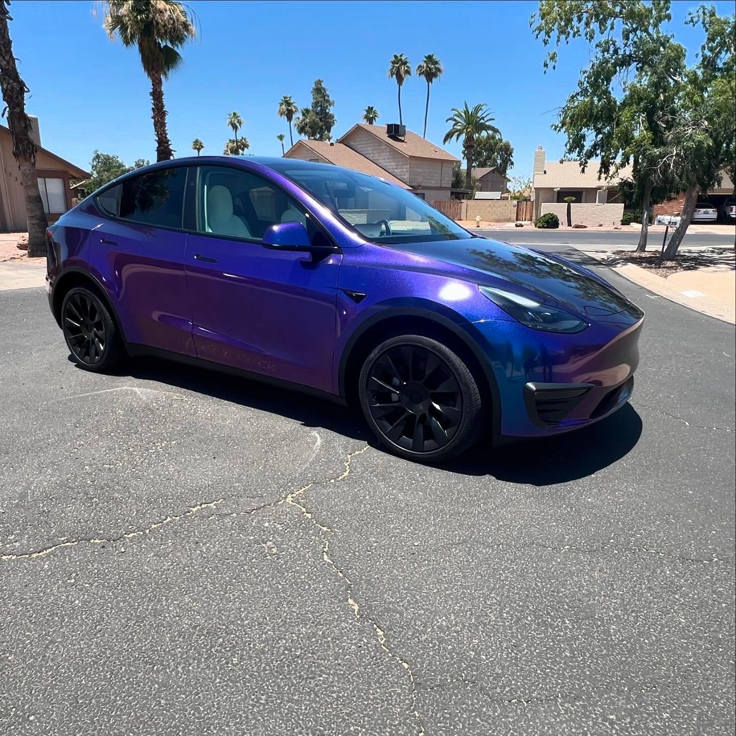 A purple Tesla Model Y parked on asphalt, with palm trees in the background on a sunny day.