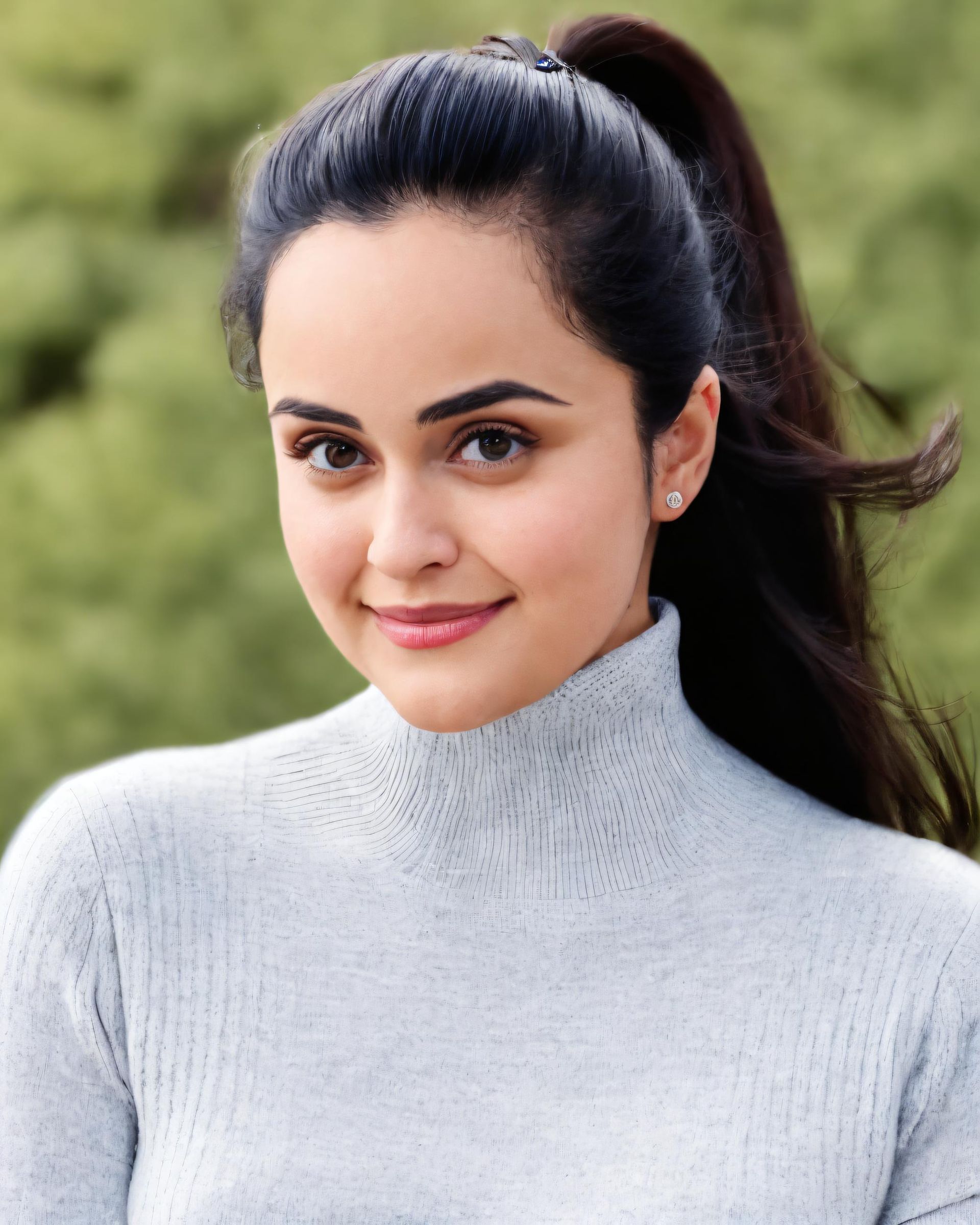Portrait of a smiling person in a light gray sweater outdoors, with blurred greenery behind.