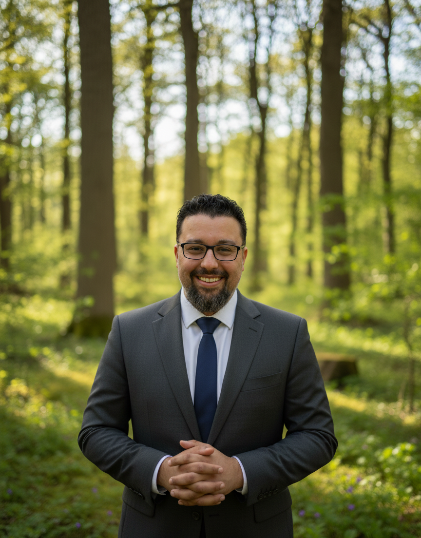 Man in a dark suit and tie standing in a sunlit forest, hands clasped and smiling