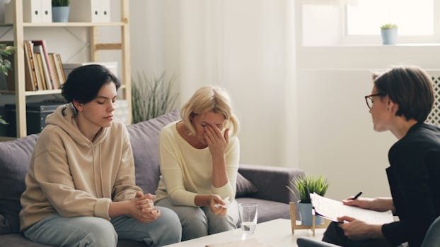 Two people sit on a couch during a therapy session as a therapist takes notes. One person covers their face in distress.