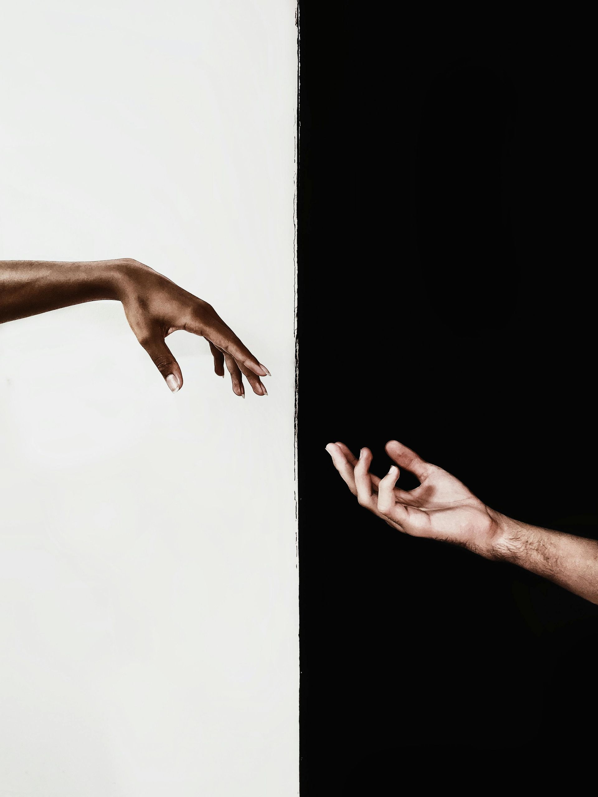 Two hands reaching toward each other across a white and black split background
