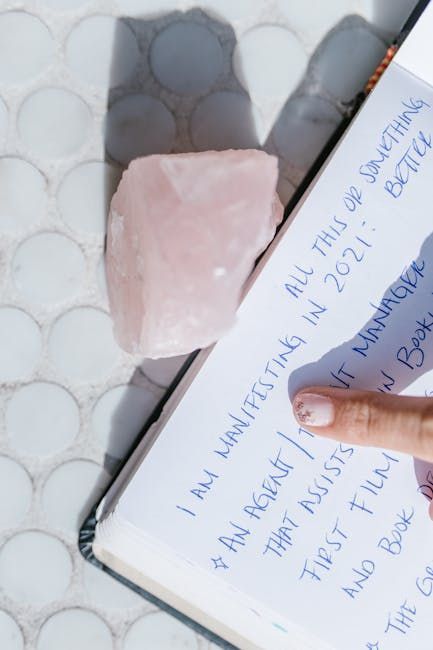 A pink quartz crystal rests on a journal page with handwritten goals for 2021, featuring a person pointing at the text.