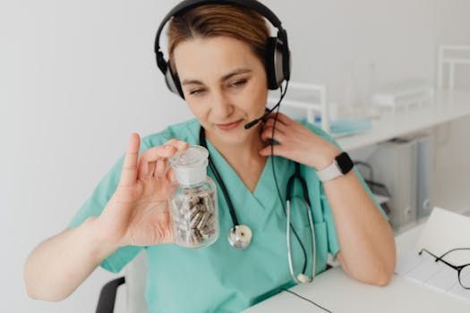 A healthcare professional in a green scrub top with a headset and stethoscope holds a glass jar of medication capsules.