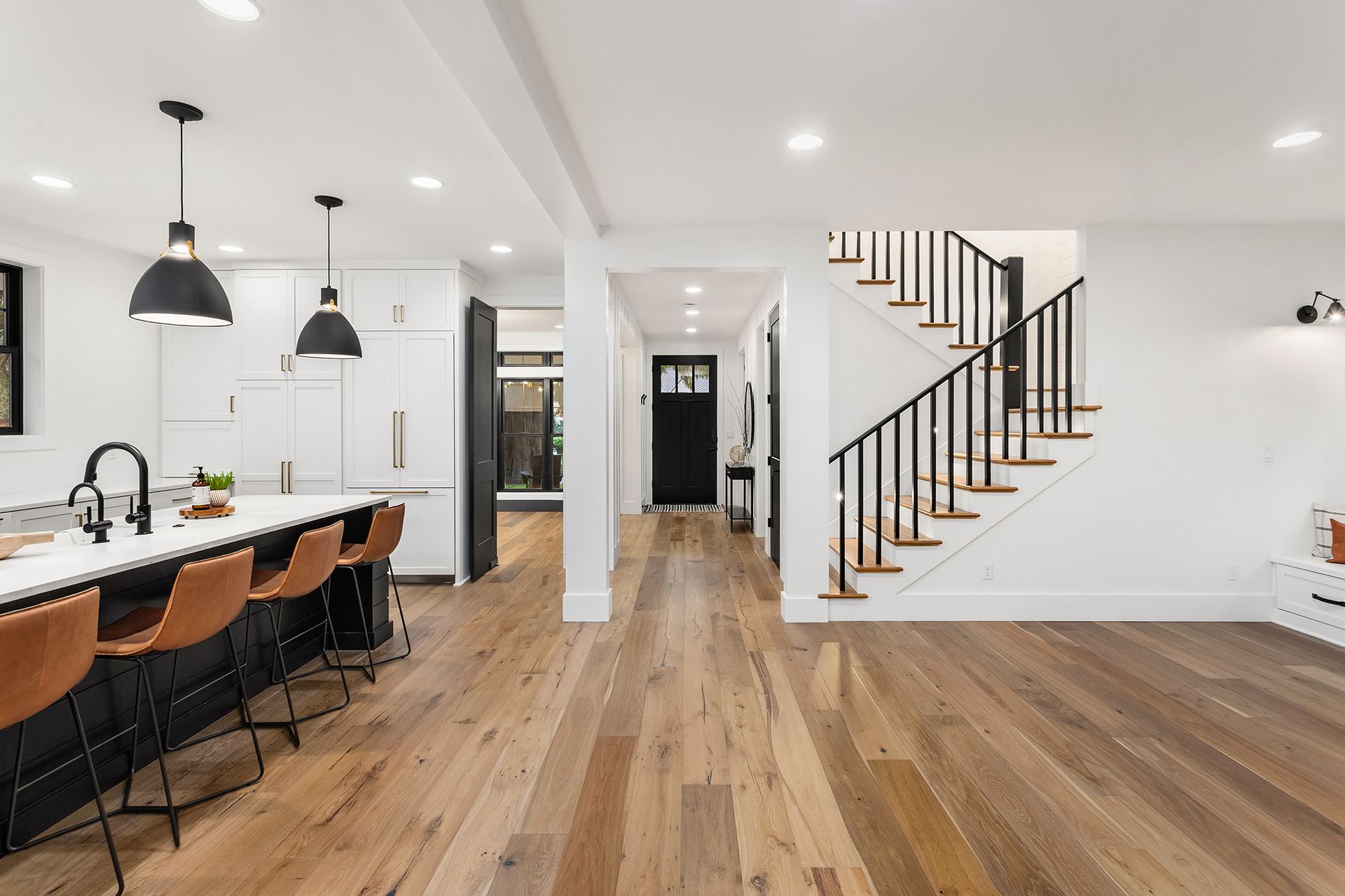 Kitchen and Living Room Interior With Hardwood Floors