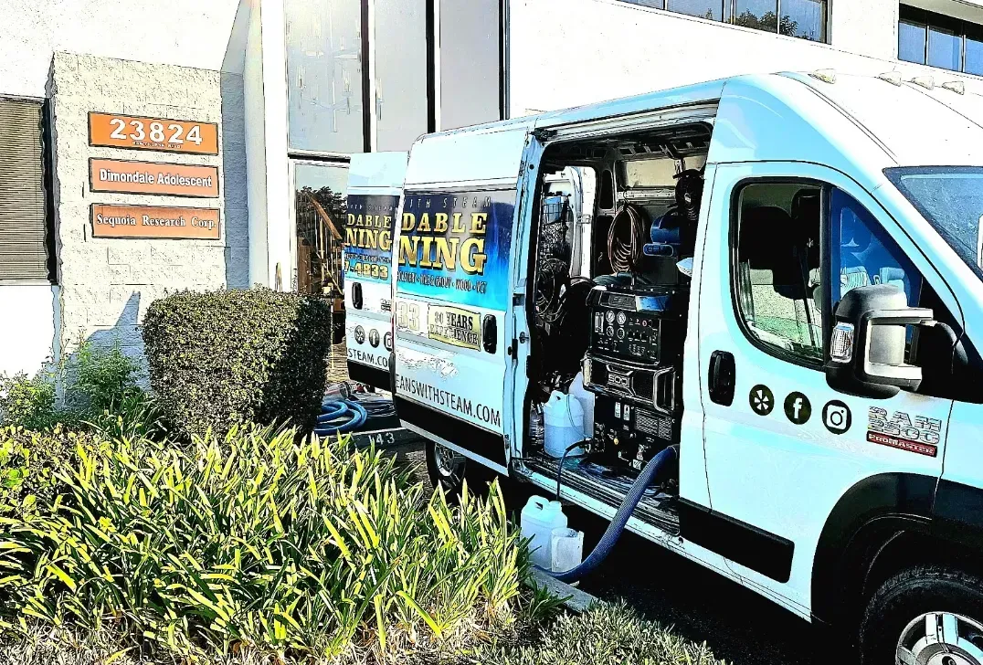 A blue and white van is parked in front of a building.