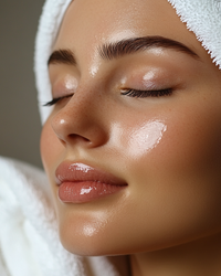 Person with a white face mask and towel wrap holding cucumber slices over their eyes.