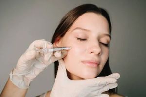 A person receives a cosmetic facial injection from a professional wearing white gloves against a gray background.