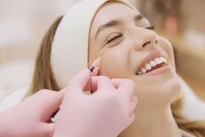 A professional wearing pink gloves uses a small syringe to administer a cosmetic injection near a smiling person's eye.